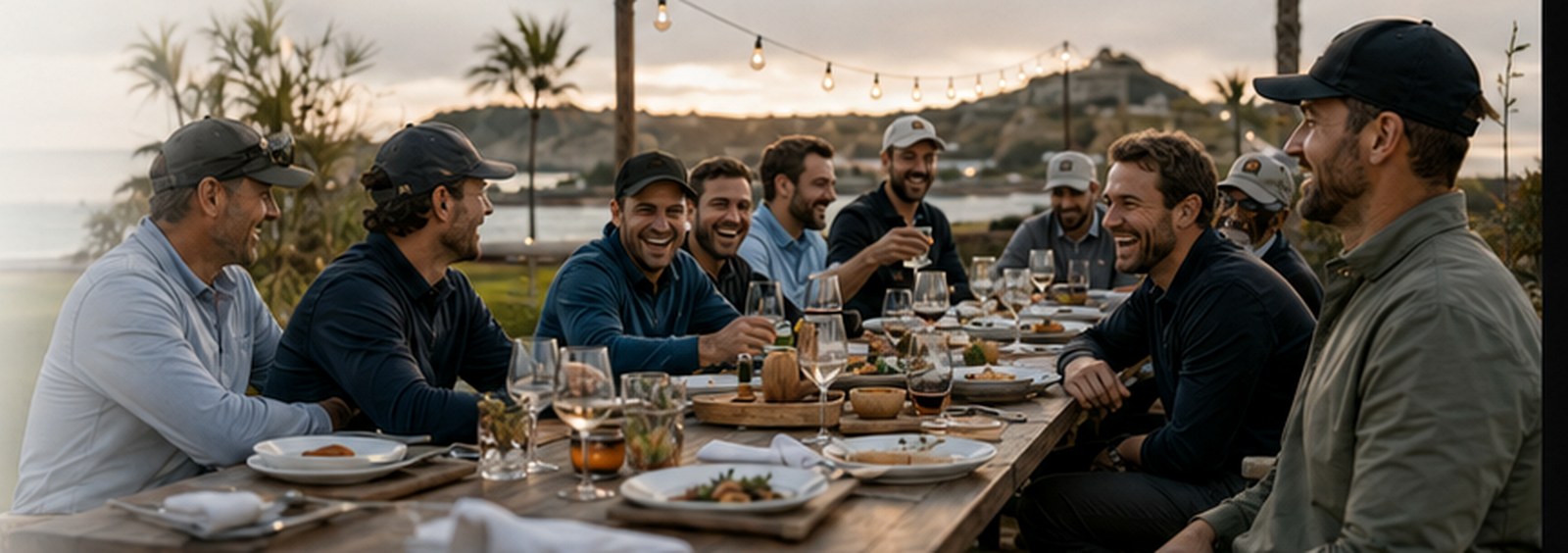 A group of golfers sharing dinner together after a round