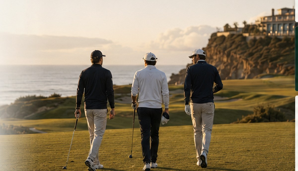 Members walking together on a coastal golf course