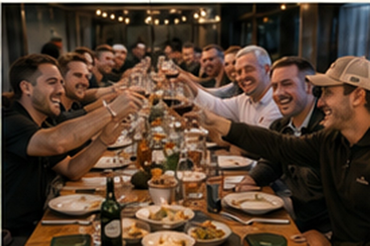 A golf group sharing a celebratory dinner